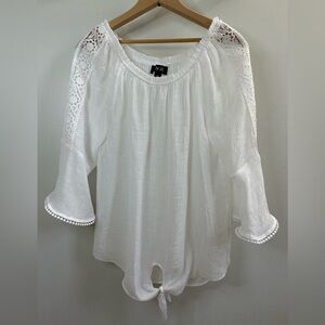 AGB Boho Women's Off-White Crochet Sleeve Blouse Pullover Top